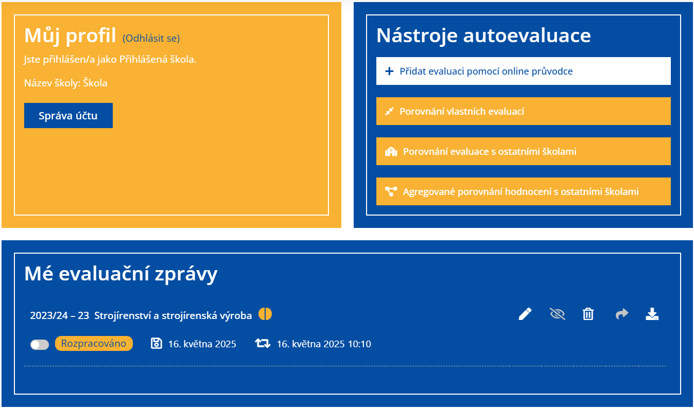 Ilustrace evaluačního nástroje: přehled účtu